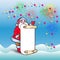 Postcard, Santa Claus with blank sheet of parchment for congratulations and invitation, cartoon on blue background and salute,