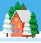 Postcard with Snowy Building and Fir-tree Vector