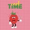 Postcard template - cool time. Cartoon strawberry with a cocktail in his hand.