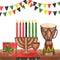 Postcard template for Kwanzaa holiday. Kinara, seven burning candles, red black green color, cup, drum, gift, flags