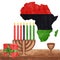 Postcard template for Kwanzaa. Kinara, seven burning candles, cup, gift. Africa continent outline map, black green red