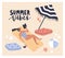 Postcard template with woman lying on beach, reading book and sunbathing and Summer Vibes phrase handwritten with