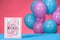postcard with text Happy Mothers Day and blue with violet balloons