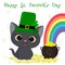 Postcard to the day of St. Patrick. Cute gray kitten in a green hat of leprechaun sitting, bowler with gold coins, rainbow.