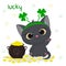Postcard to the day of St. Patrick. Cute gray kitten in a rim of clover sits lifted a paw, a bowler hat with gold coins. Cartoon