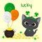 Postcard to the day of St. Patrick. Cute gray kitten sitting rim with clover, pot of gold coins, three balls. Cartoon style, flat