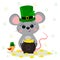 Postcard to the day of St. Patrick. Cute gray mouse in a green hat a dwarf holds a bowler hat with gold coins, a bird, a clover.