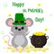 Postcard to the day of St. Patrick. A cute gray mouse in a green hat, a dwarf stands and raised his paws, a bowler with gold coins
