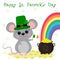 Postcard to the day of St. Patrick. Cute gray mouse in a green hat stands and holds the flag of Ireland, bowler hat with gold