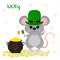 Postcard to the day of St. Patrick. Cute gray mouse in a green leprechaun hat, holds the flag of Ireland, bowler hat with gold