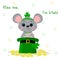 Postcard to the day of St. Patrick. Cute gray mouse in a rim with clover and medallions, sitting in a green hat, bowler hat and