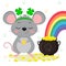 Postcard to the day of St. Patrick. A cute gray mouse in a rim of clover stands and holds a coin in its paws, a bowler with gold