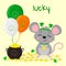 Postcard to the day of St. Patrick. A cute gray mouse in a rim with clover stands and holds a coin in its paws, a pot of gold
