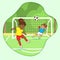 Postcard, two girls soccer players kicking the ball into the soccer goal. Vector in cartoon style, contour flat drawing for