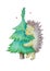 Postcard for Valentine's Day, Christmas, New Year. Little hedgehog, tree, hearts