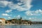 Postcard view of famous Vysehrad standing on a rock and Rasin Embankment,Prague,Czech republic.Riverfront colorful