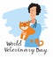 Postcard World Veterinarian Day. Cute doctor holding a grateful dog
