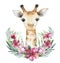 A poster with a baby giraffe. Watercolor cartoon giraffetropical animal illustration. Jungle exotic summer print.