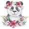 A poster with a baby panda. Watercolor cartoon panda tropical animal illustration. Jungle exotic summer print.