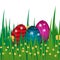 Poster or background Easter. Paschal template Card with eggs, grass and flowers. Vector