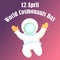 Poster, banner, card for the world cosmonauts day. The astronaut in a white diving suit and a large helmet.