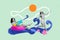 Poster banner collage of young ladies fellows enjoy chill summer voyage playing water game with gun on water wave