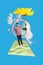 Poster banner image collage of funky young guy catch flying yellow daisy up in the sky surreal summer adventure concept