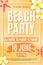 Poster for a Beach Party. Invitation flyer. Tropical plumeria flowers and starfish on beach sand. The names of the night club and