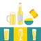 Poster with beer bottle, mugs, glasses, potato chips, sausage. V