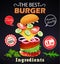 poster the best burger with lettuce, cucumber, tomato, cutlet and sesame bun ingredients