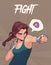 Poster, card or t-shirt print with angry boxing girl with boxing bandages. Anime style illustration