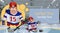 Poster card with two cartoon funny men hockey players and place for text