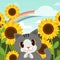 Poster of cat in the garden. Pretty kitten with yellow sun flowers in the garden background. cat smiling.rainbow in the sky.happy