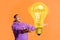 Poster collage of excited guy catch big glow shine light bulb incredible thought concept isolated orange color