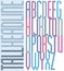 Poster condensed colorful font, striped compact tall double uppercase letters on white background.