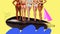 Poster. Contemporary art collage. Group of girls, friends stands on eggplant as on ship and swims in abstract water