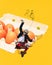 Poster. Contemporary art collage. Man in Scottish kilt sitting on box with eggs against vibrant yellow background.