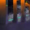 Poster. Contemporary art collage. Underpass with structural columns lit by orange and blue neon lights, creating moody