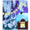 Poster with cozy rustic small hunting lodge with glowing window and Christmas decorations, glowing garland, baubles