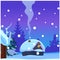 Poster with cozy rustic small hunting lodge with glowing window and smoke from the chimney in winter evening. Sample of