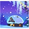 Poster with cozy rustic small hunting lodge with glowing window and smoke from the chimney in winter evening. Sample of