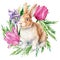 Poster, cute bunny with tulips and hyacinth flowers on an isolated white background, animals illustration