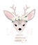 Poster with a cute deer with a wreath of daisies on his head. Delicate postcard with a deer, clip-art for design of nursery, baby