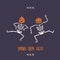 Poster with dancing funny Halloween skeletons with pumpkin heads. Emotional faces. Spooky creepy night.