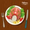Poster delicious food in kitchen table background and cutlery with dish of fish and vegetables