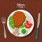 Poster delicious food in kitchen table background and cutlery with dish of fried chicken with vegetables