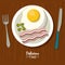 Poster delicious food in kitchen table background and cutlery with dish of fried egg with bacon