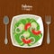 Poster delicious food in kitchen table background and cutlery with dish of salad of vegetables