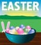 Poster Easter eggs in a turquoise plate on a wooden table. Bunny