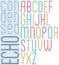 Poster echo light striped font, bright transparent condensed uppercase letters on white background.